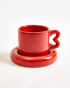 Seia Mug & Saucer, Heart, Red